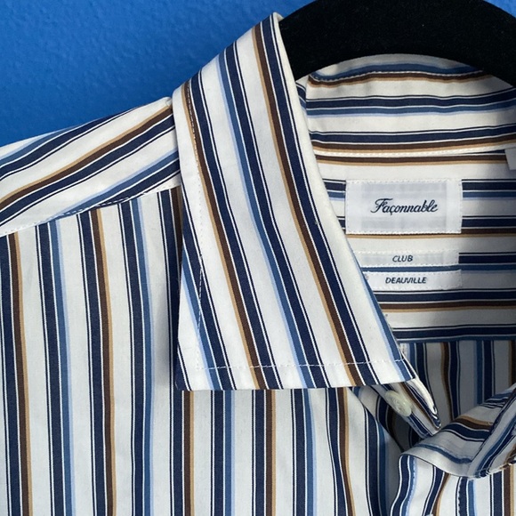 Faconnable Club Fit Striped Long Sleeve Button Down Shirt. White/Tan/Blue. Sz. L - Picture 5 of 16